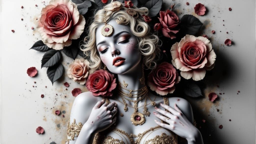 Porcelain Doll Among Red Roses with Cinematic Lighting