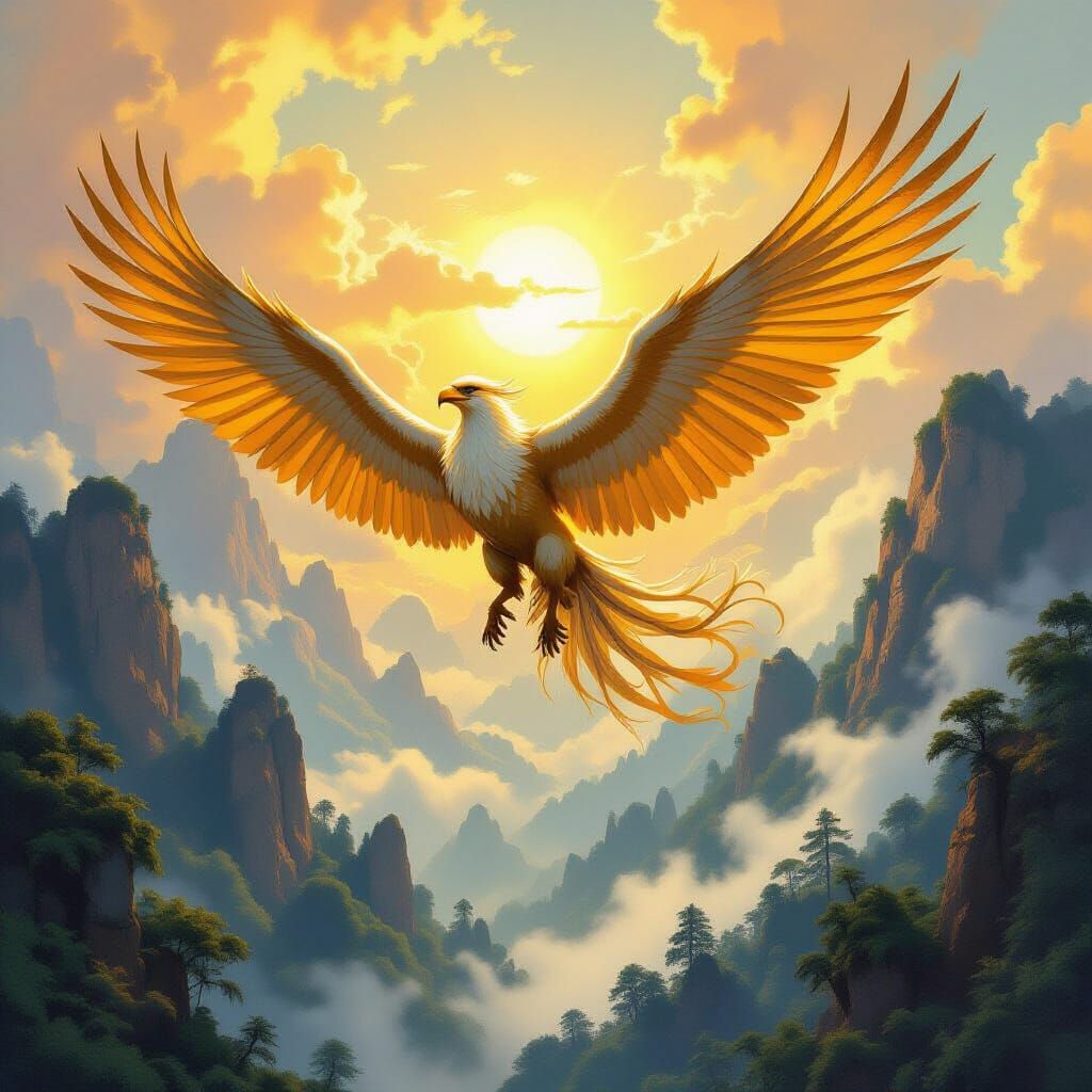 Griffin Soaring Above Ancient Forest, Fantasy Art