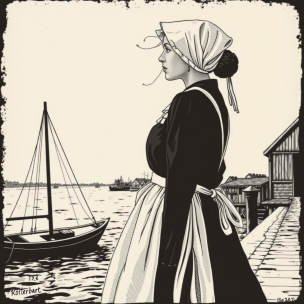 Amish Woman Contemplates the Sea in a Traditional Prayer Bon...