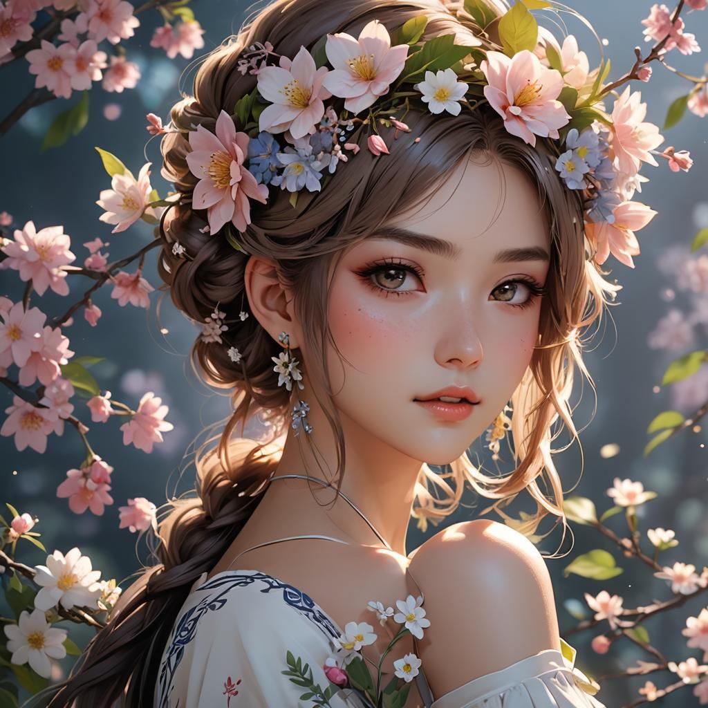 Anime Style Portrait of a Woman with Flowers
