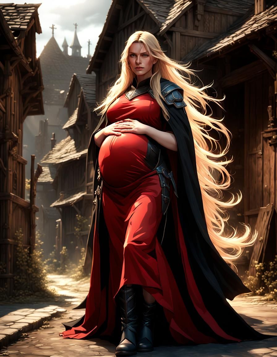 Pregnant Cleric in Dark Village, Fantasy Art