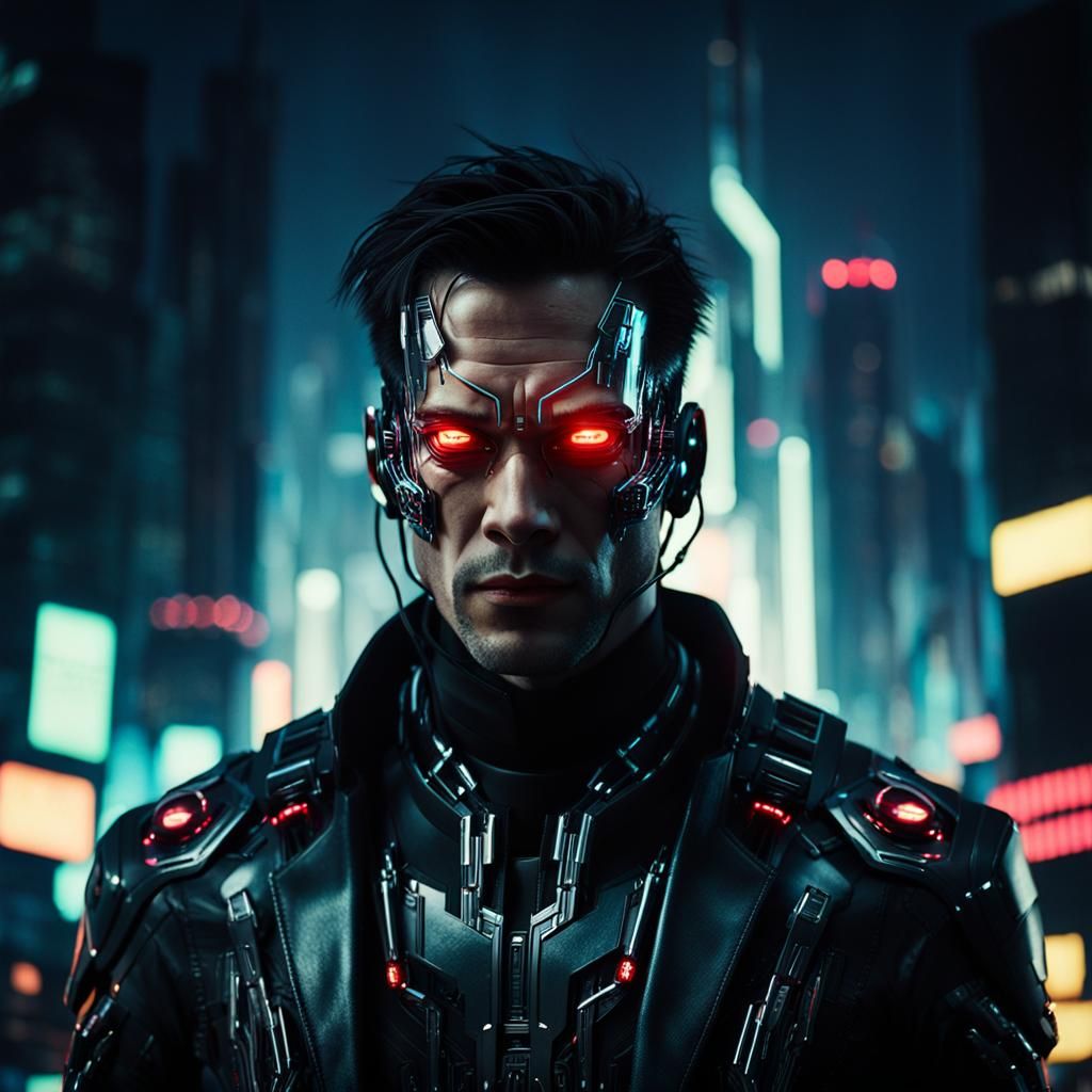 Cyberpunk Cyborg Portrait in Neon Cityscape