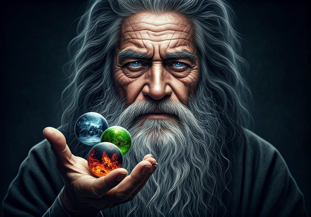 Ancient Sage with Orbs: Mystical Realms