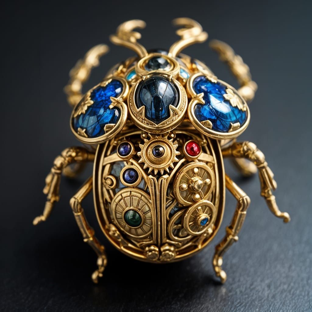 Luxurious Brass Mechanical Scarab Beetle with Gemstones