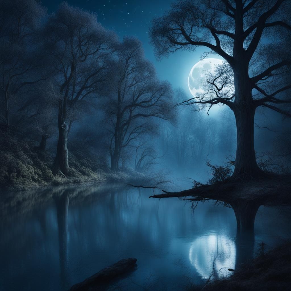 Night Forest With Moon and River in Film Style