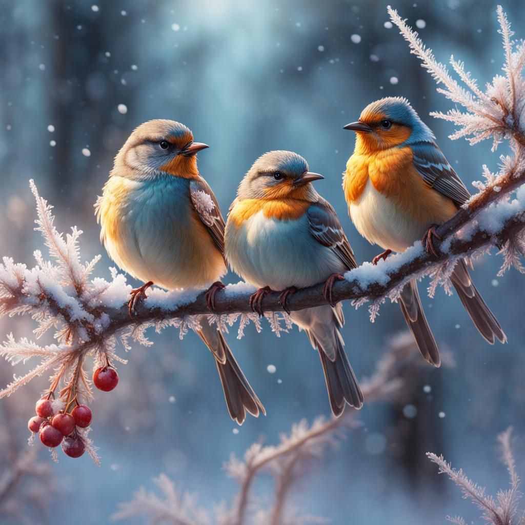Birds on Frosty Twig: Watercolor Art
