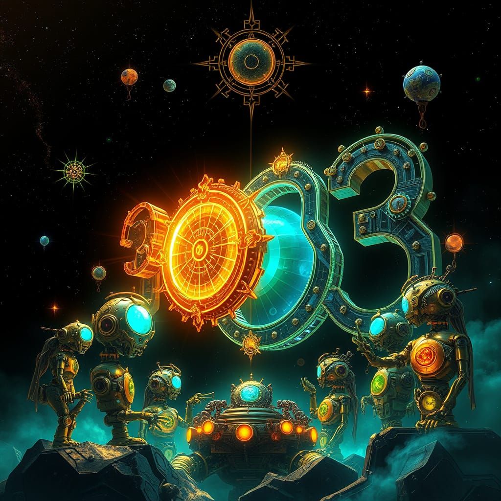 Cosmic Numeral 303 with Steampunk Robots in a Fantastical Re...