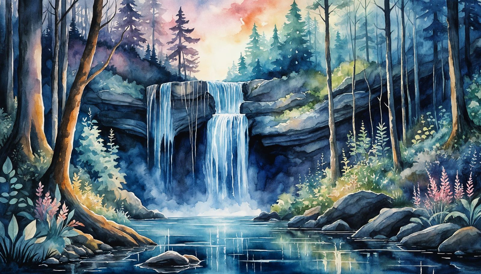 Bioluminescent Forest Waterfall at Twilight in Watercolor