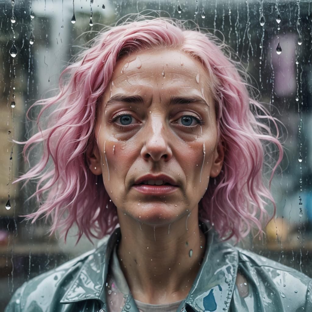 Pink-Haired Woman Screaming: Surrealist Oil Painting