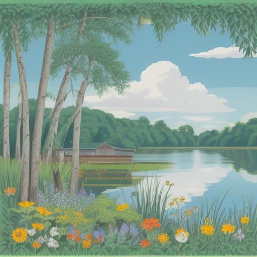 Whimsical Florida Lake Scene with Bee Hives and Playful Typo...