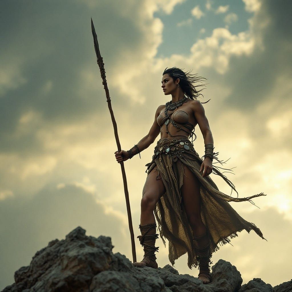Neolithic Warrior Woman on Rocky Cliff, Cinematic Style