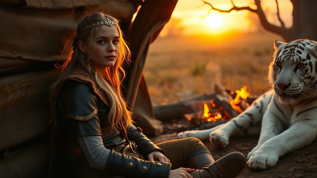 Ranger and Tiger by Campfire in Cinematic Style