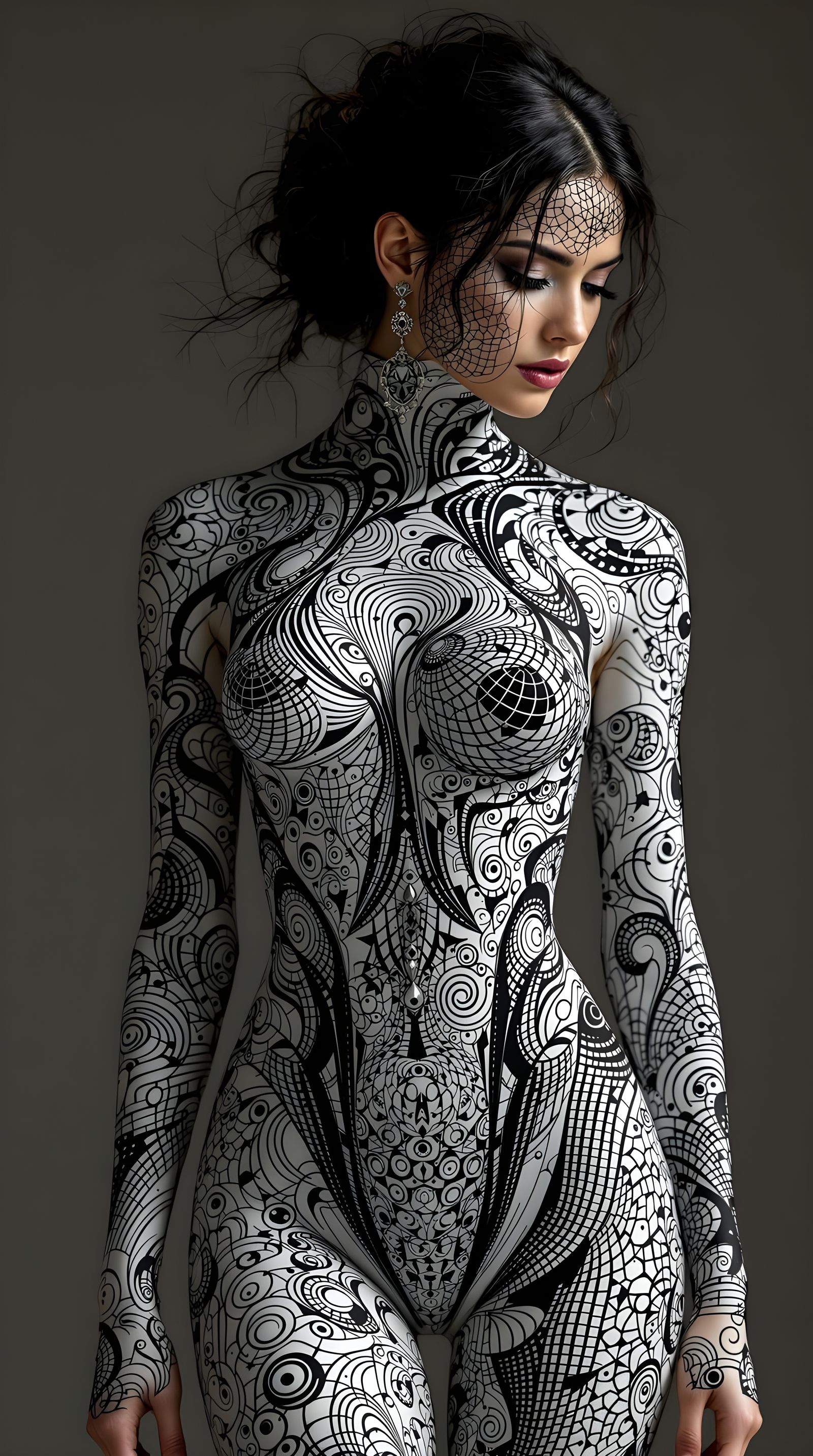Op-Art Bodysuit Skyclad Illusion in Hyperrealistic Style