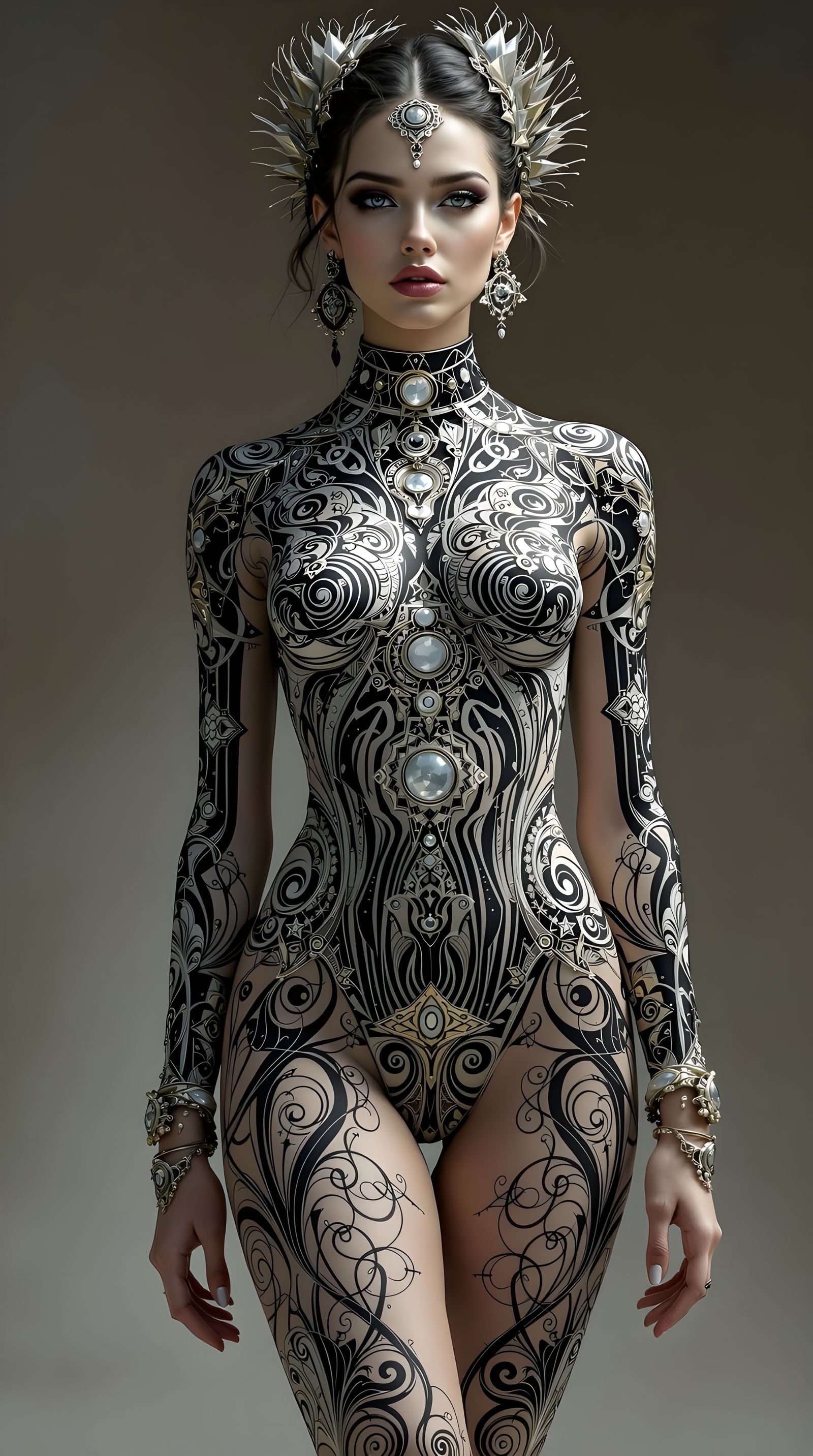 Futuristic Op-Art Bodysuit Inspired by Aubrey Beardsley