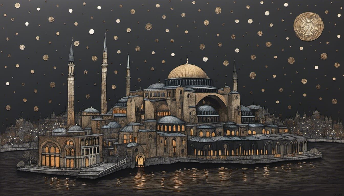 Hagia Sophia at Night in Copper Hues