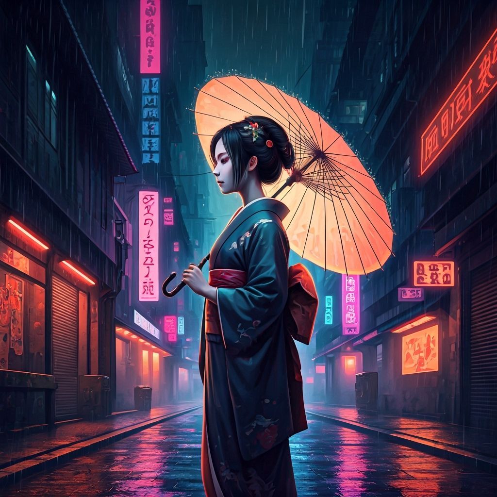 Mysterious Geisha in Futuristic Neon Alleyway