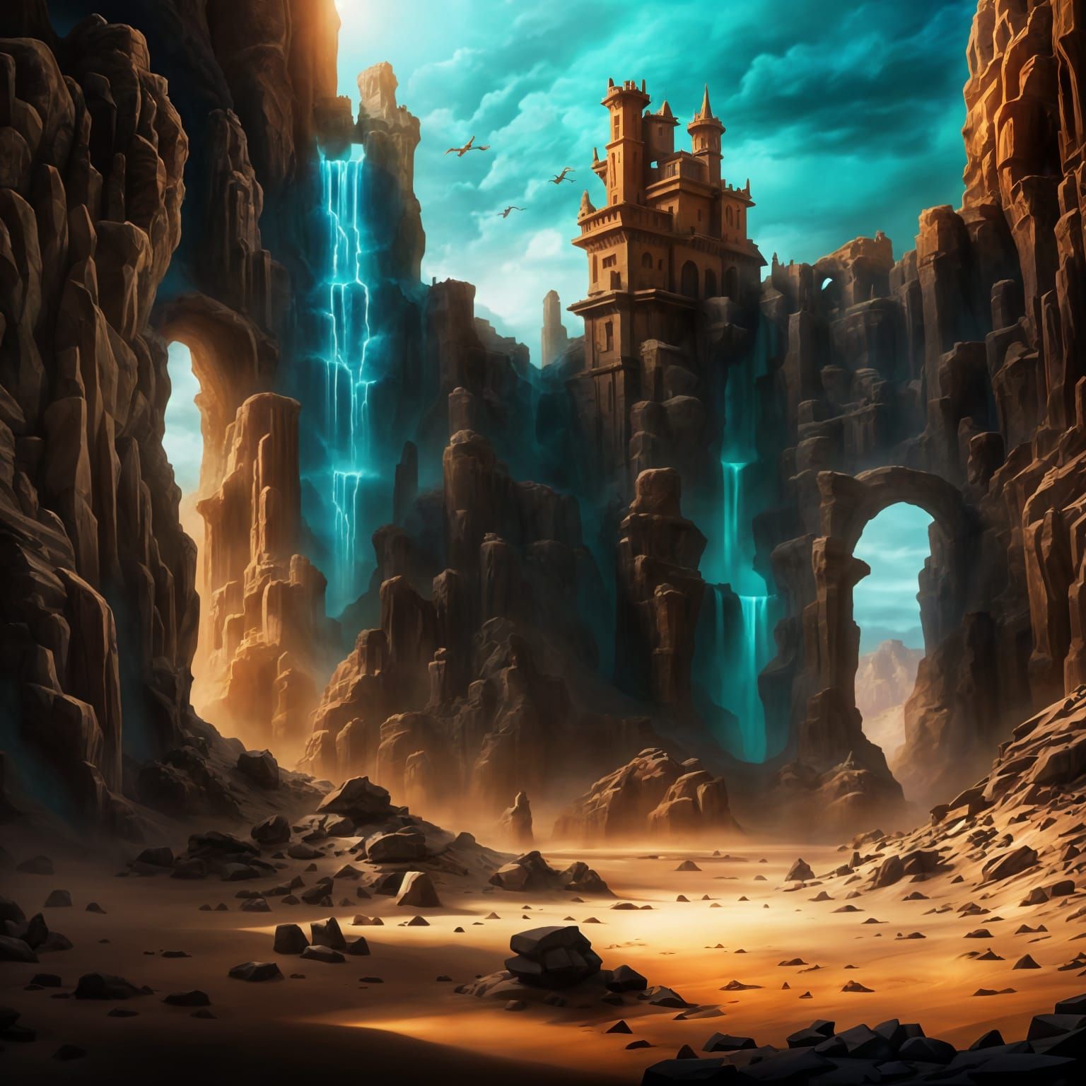 Epic Desert Canyon with Dragons Digital Matte Painting