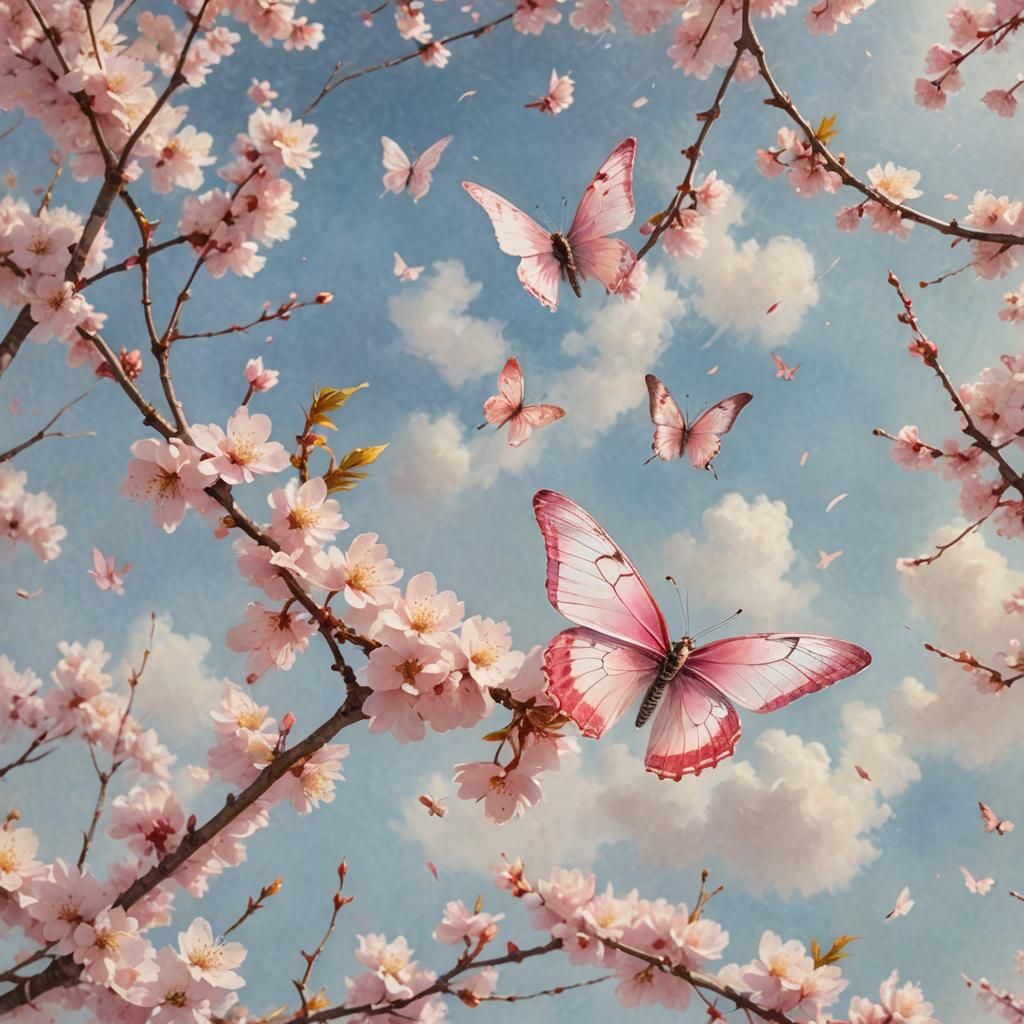 Pink Butterflies and Cherry Blossoms in Impressionist Style