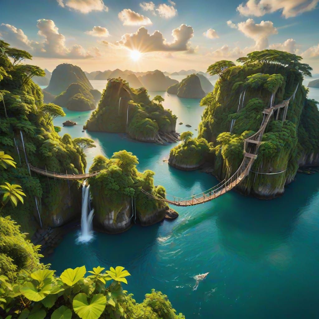 Floating Islands with Waterfalls in Golden Sunlight