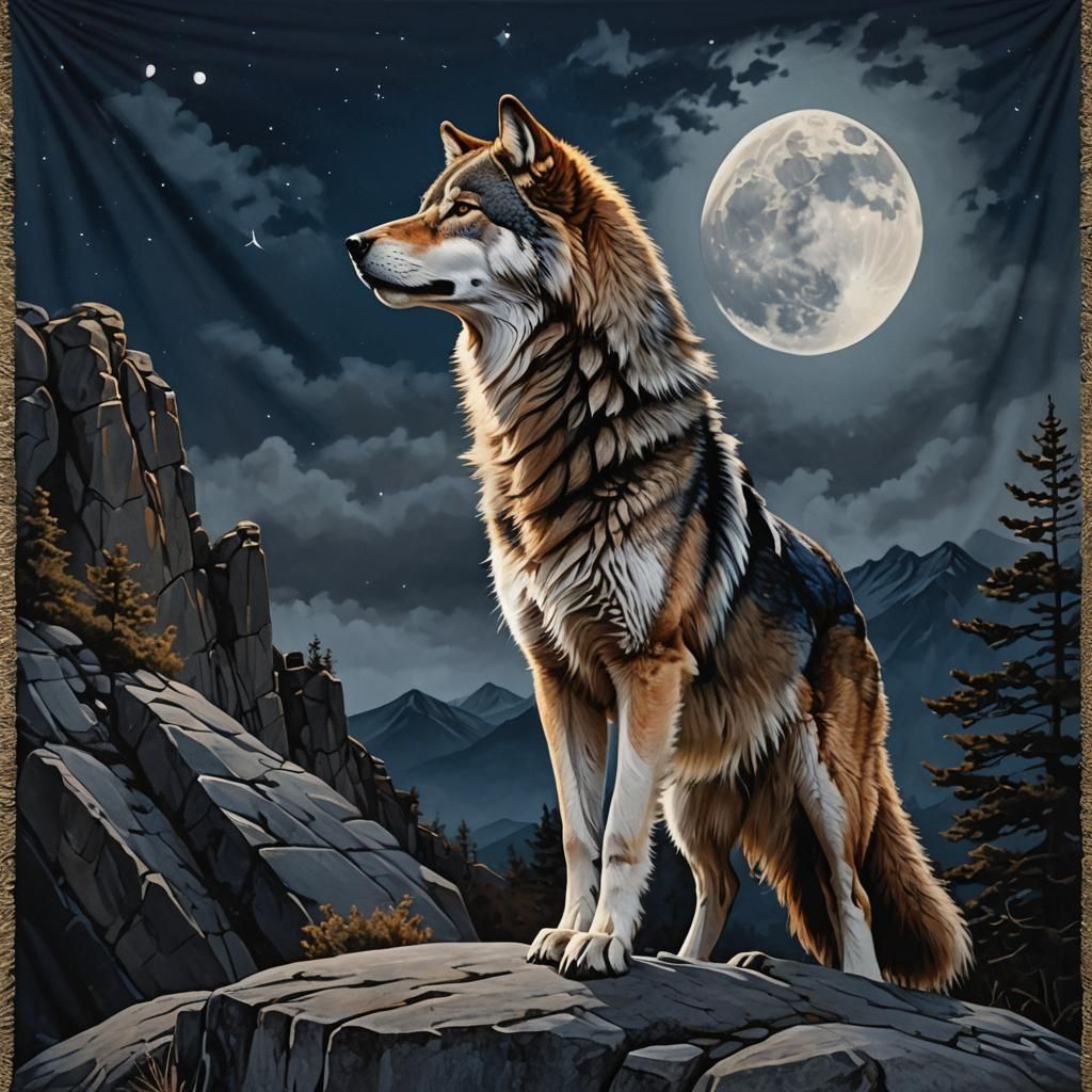 Wolf Howling at Moon, Atmospheric Digital Painting