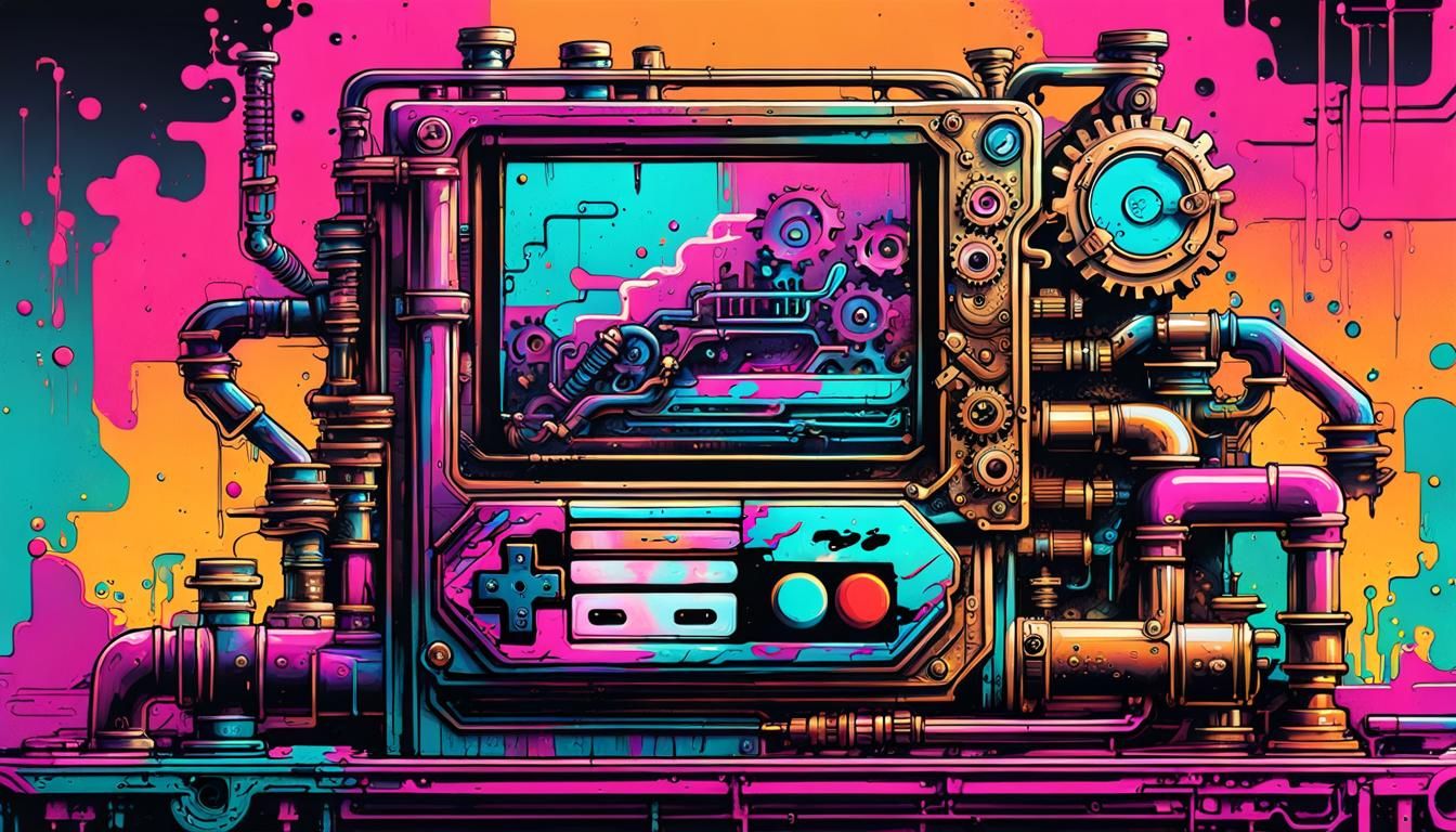 Steampunk Nintendo in Synthwave Graffiti Art Style