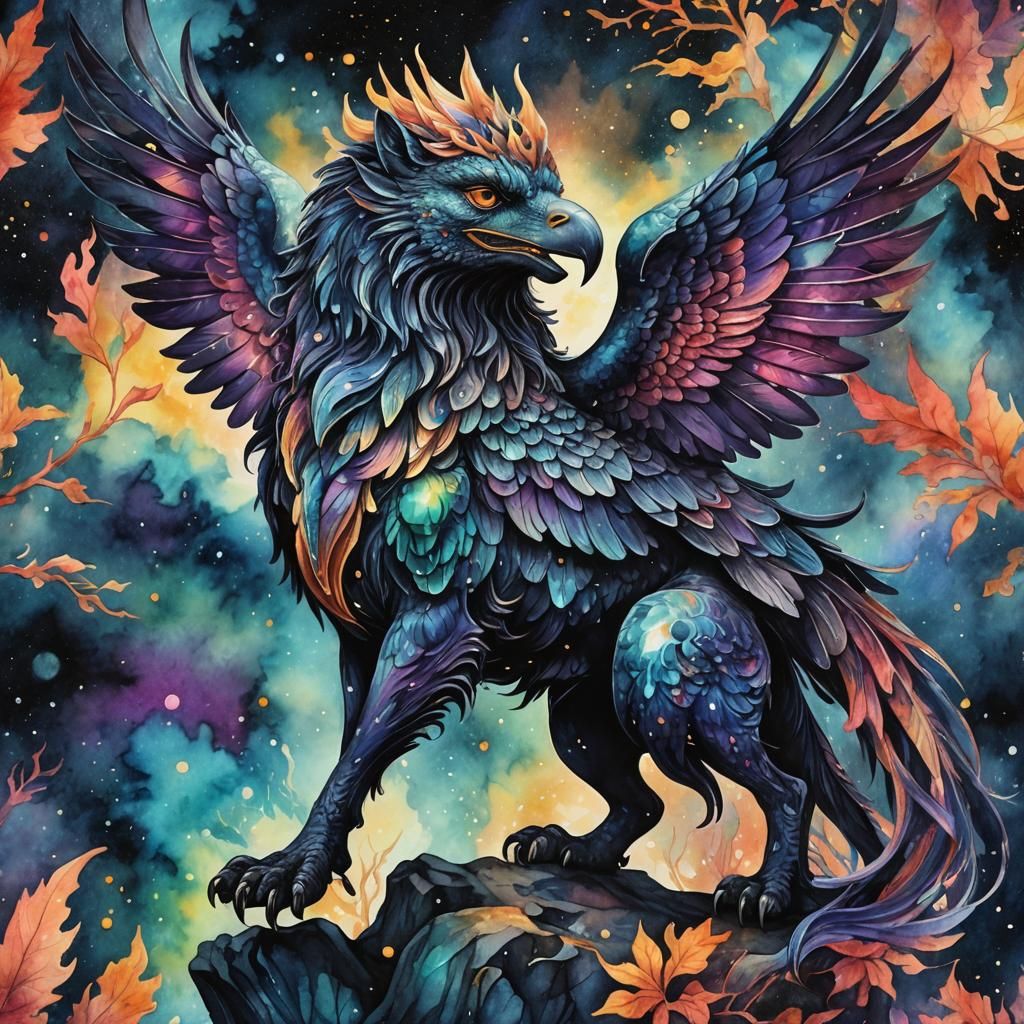 Vibrant Obsidian Griffin in Watercolor Style