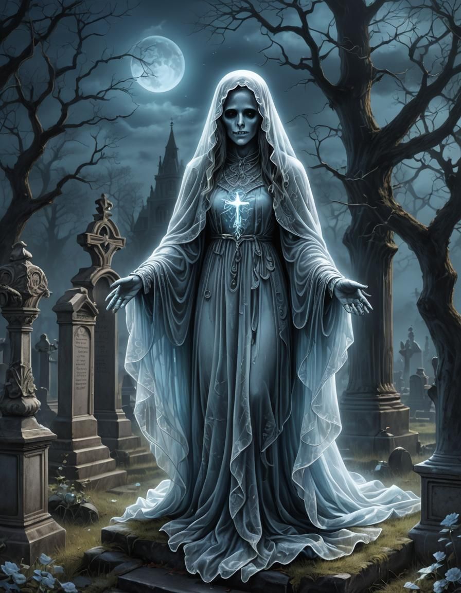 Eerie Luminous Ghost in Victorian Graveyard