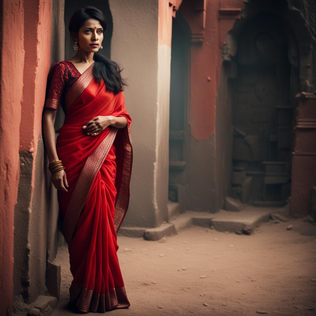 Indian Woman in Red Saree: Cinematic Portrait