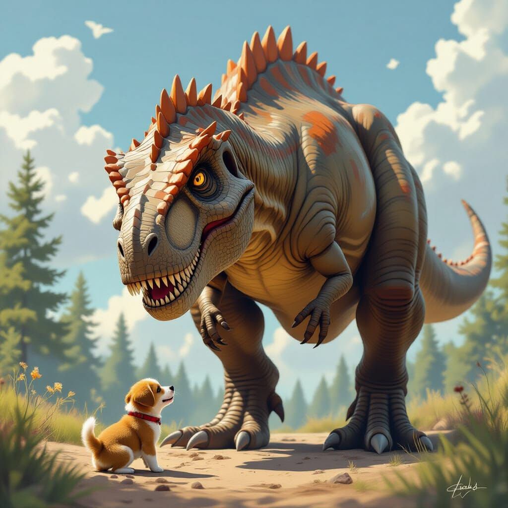 T-Rex and Puppy Playtime in Vibrant, Atmospheric Style