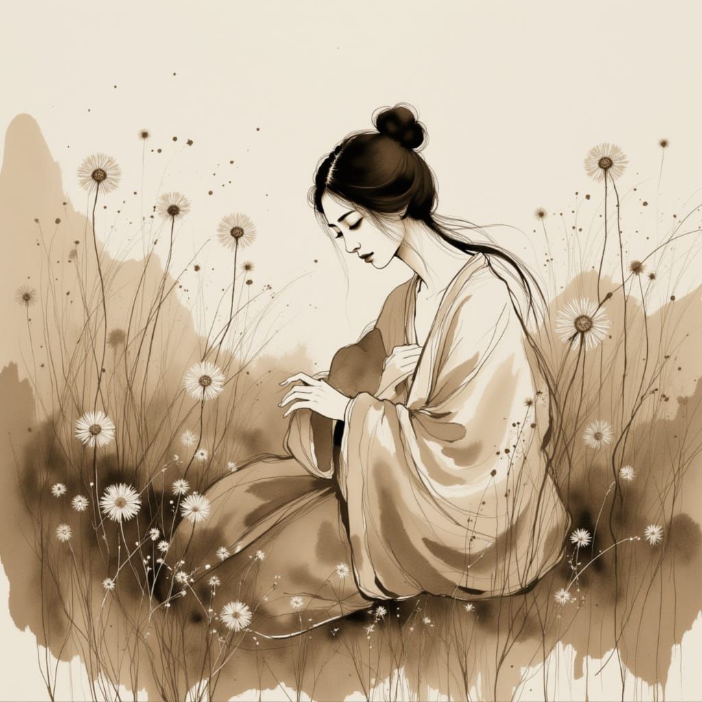 Magical Dusty Meadow with Dandelions in Chinese Ink Style