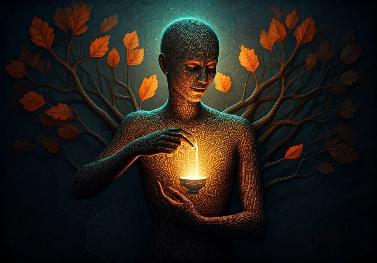 Ethereal Guardian in Whimsical Maze Landscape