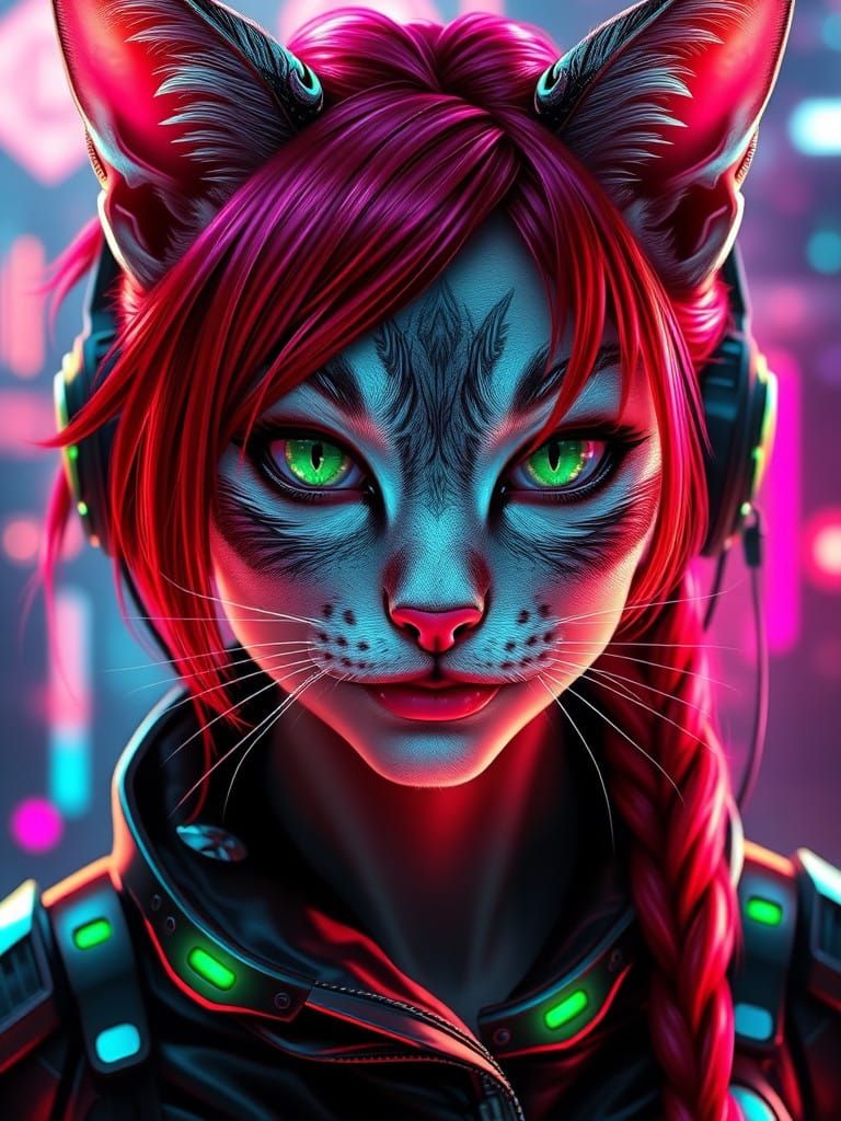 Cyberpunk Catgirl in Futuristic Headset