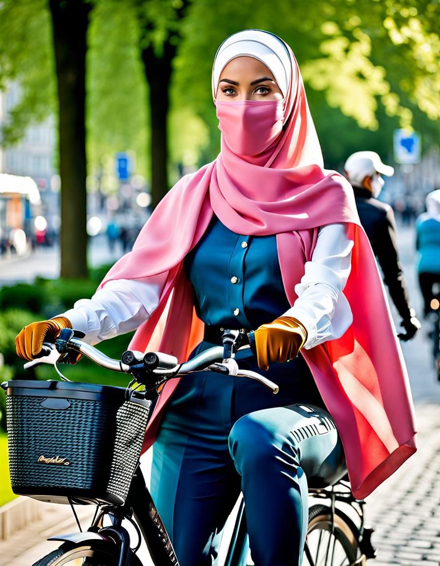 Hijabi Woman Cycling in Copenhagen: Watercolor Portrait