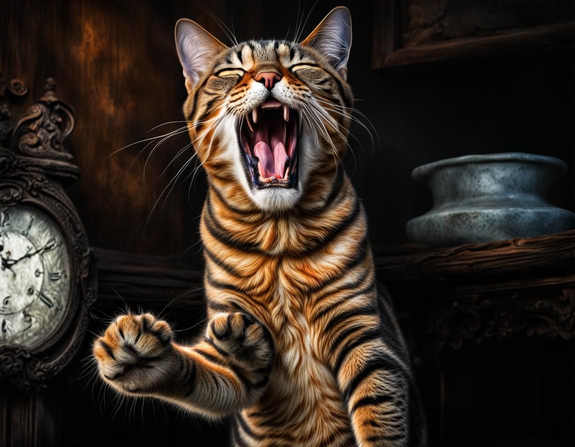 Hyperrealistic Portrait of a Yawning Cat