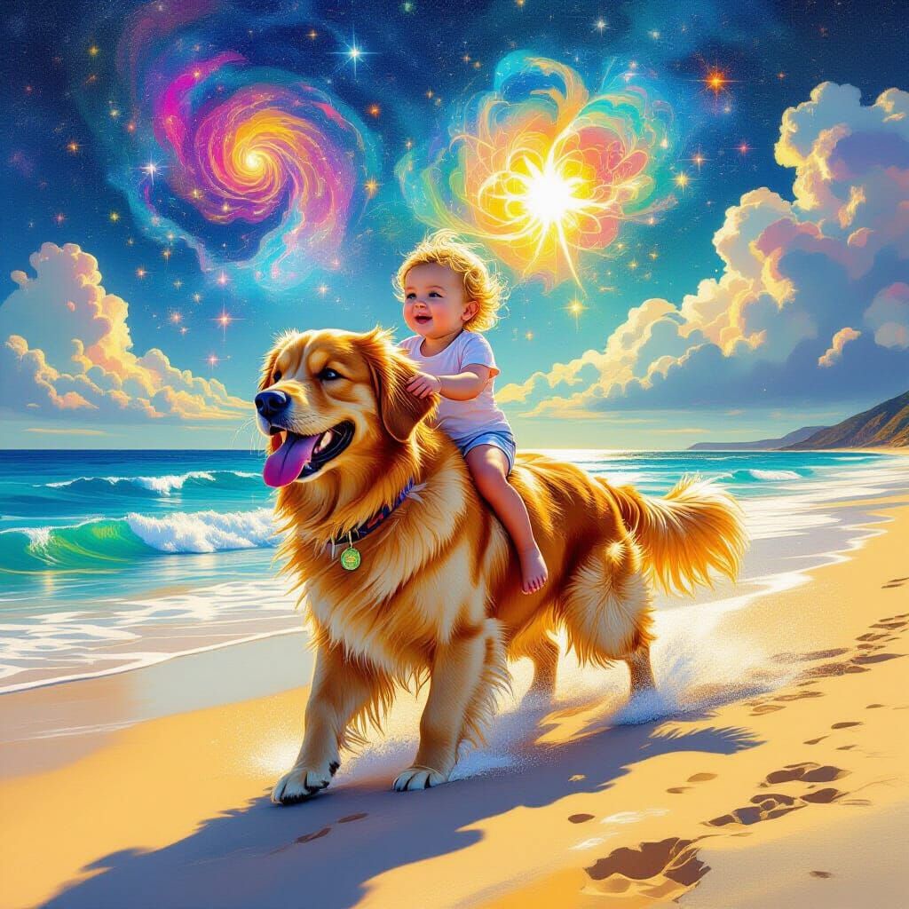 Baby Rides Golden Retriever on Sun-Drenched Beach