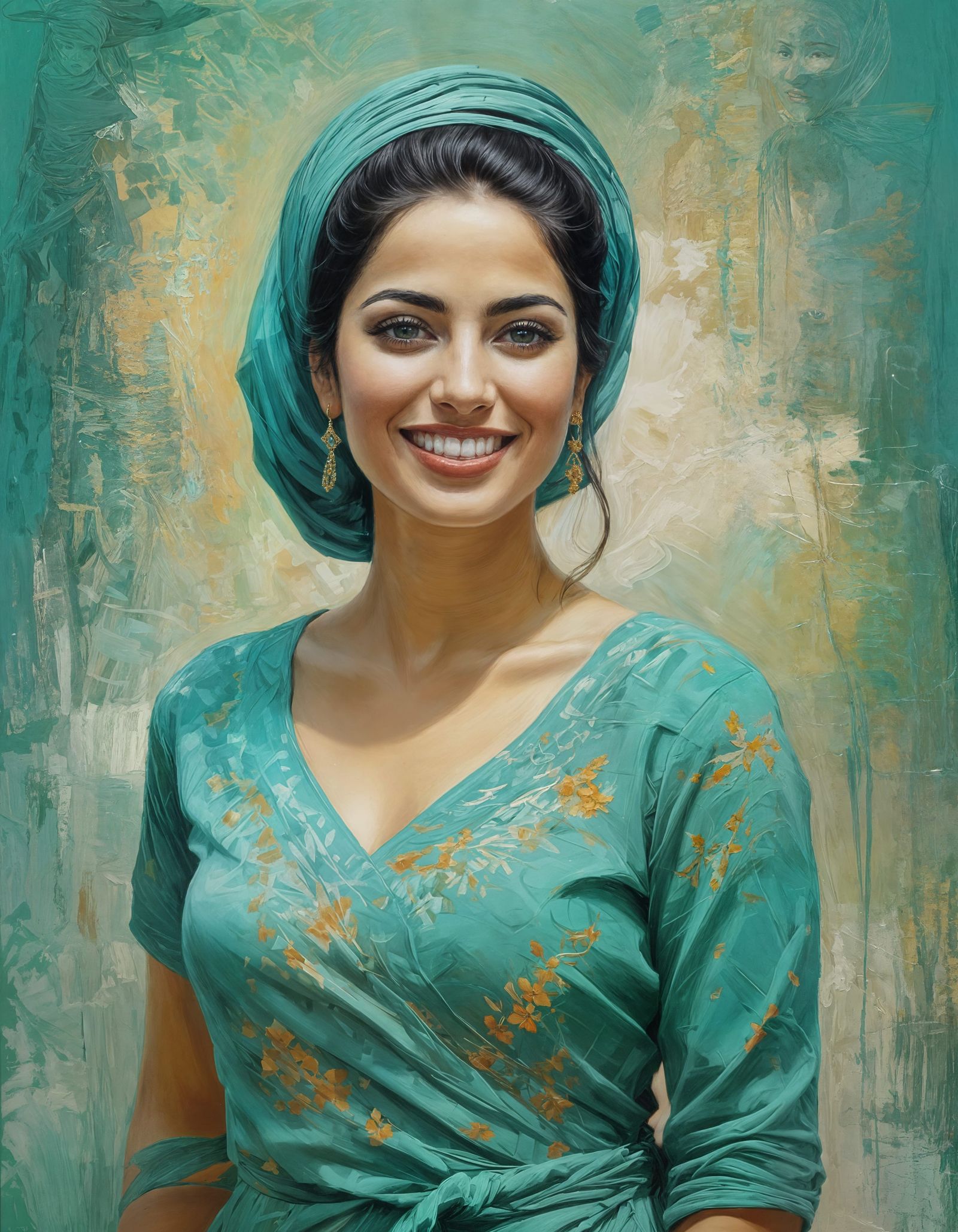 Turquoise Impasto Portrait of a Palestinian Woman