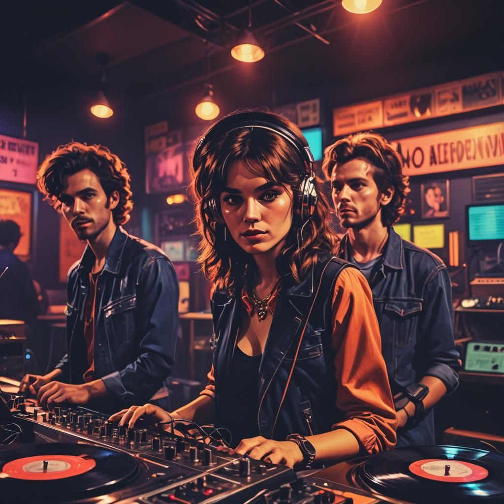 Band Performing Live Surrounded by Vinyl Records