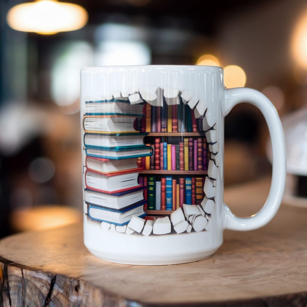 Mug with 3D Illusion of Books