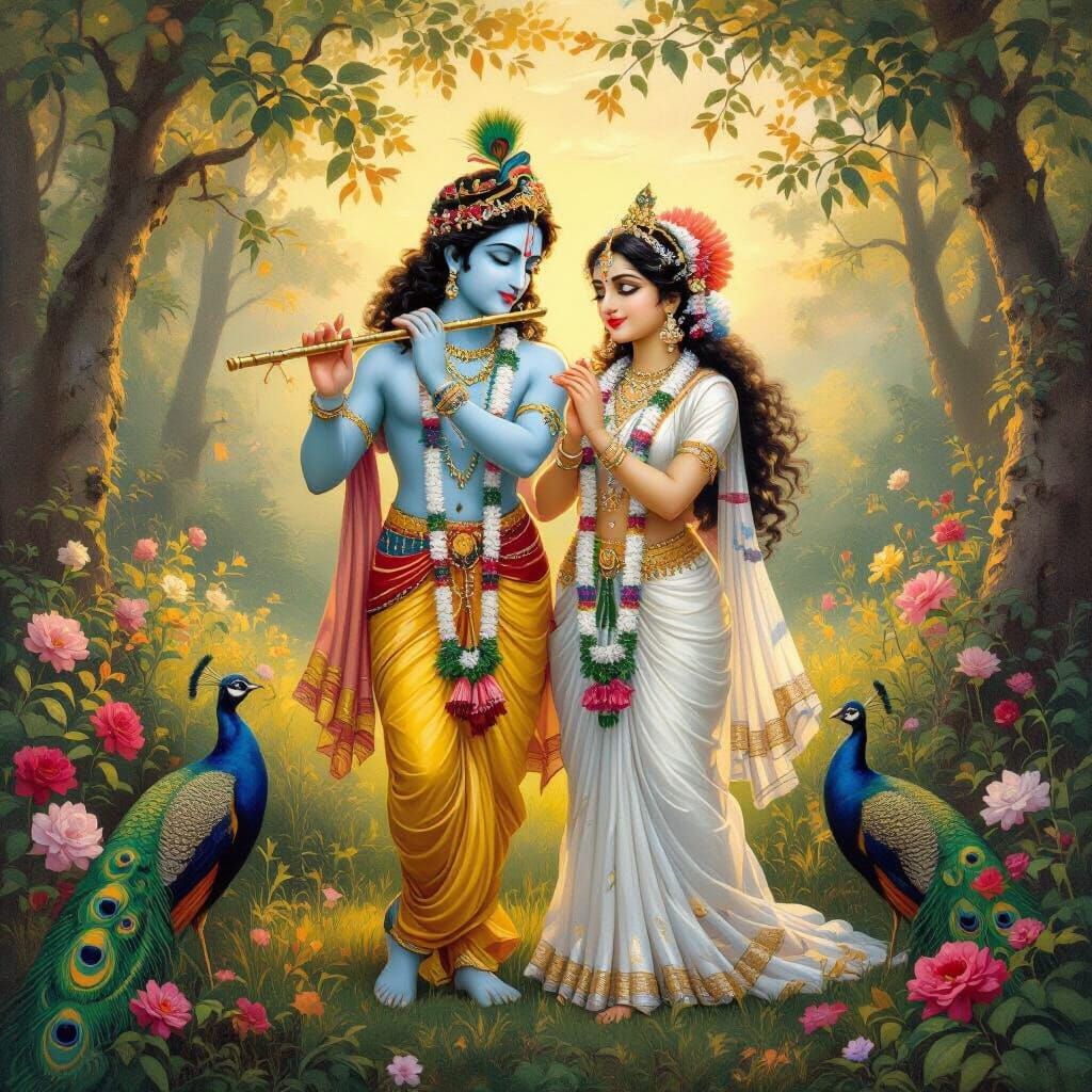 Radha Krishna in Vrindavan Forest, Oil Painting