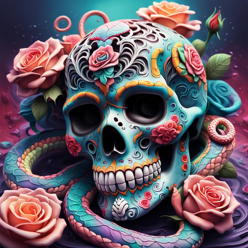 Mexican Sugar Skull with Roses and Snakes
