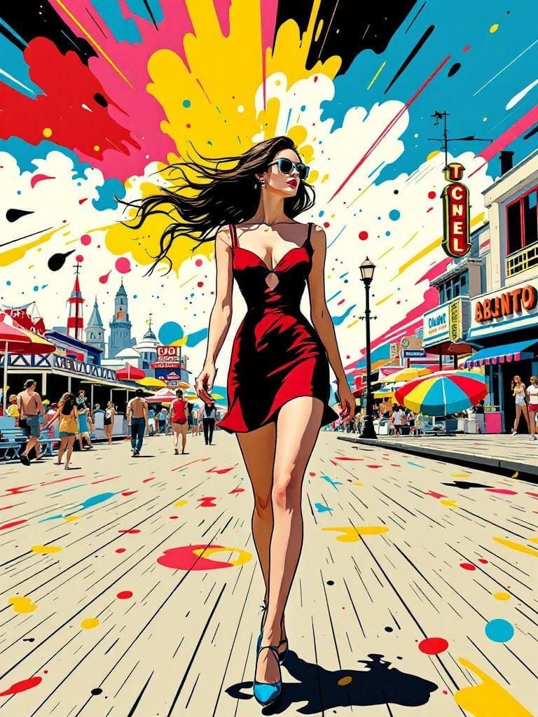Energetic Pop Art Woman on Boardwalk in Cartoon Style