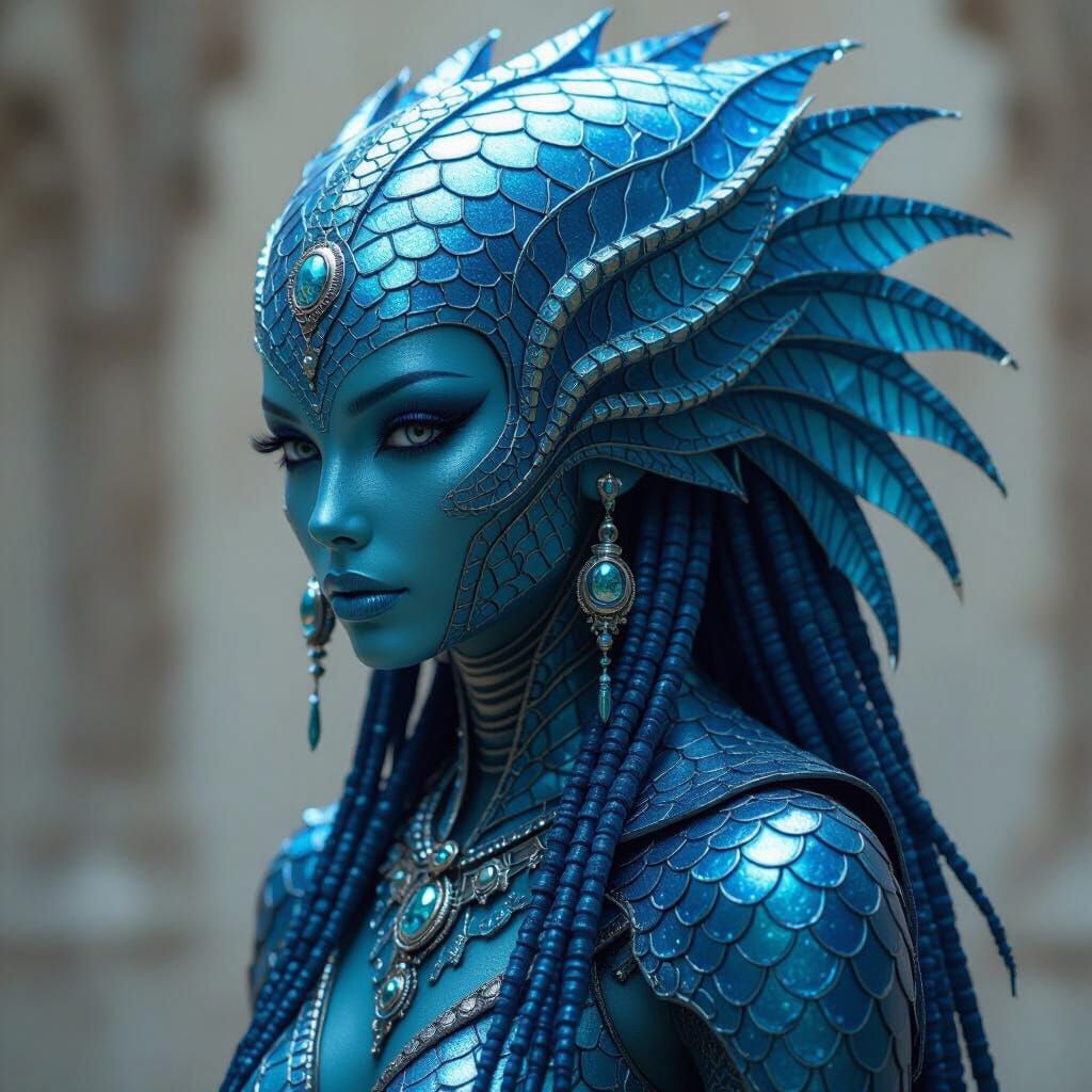 Blue-Scaled Alien in Biomechanical Futuristic Style