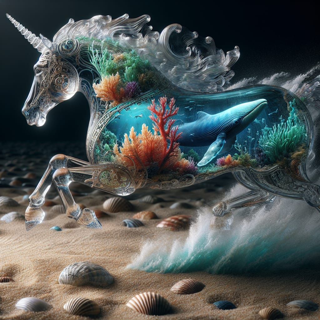Glass Horse Running on Beach with Underwater Kingdom