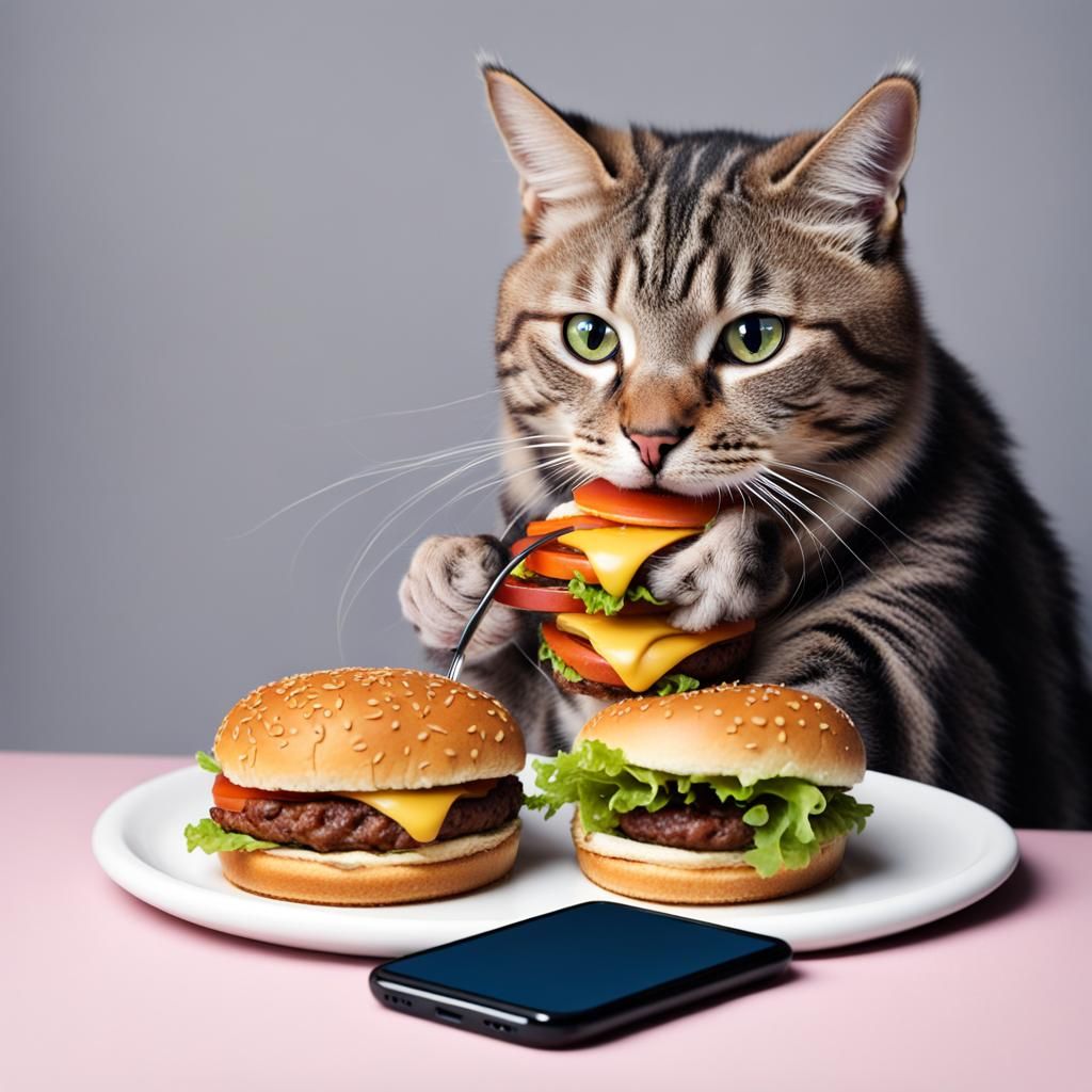 Cat Using Phone Eating Burger Concept