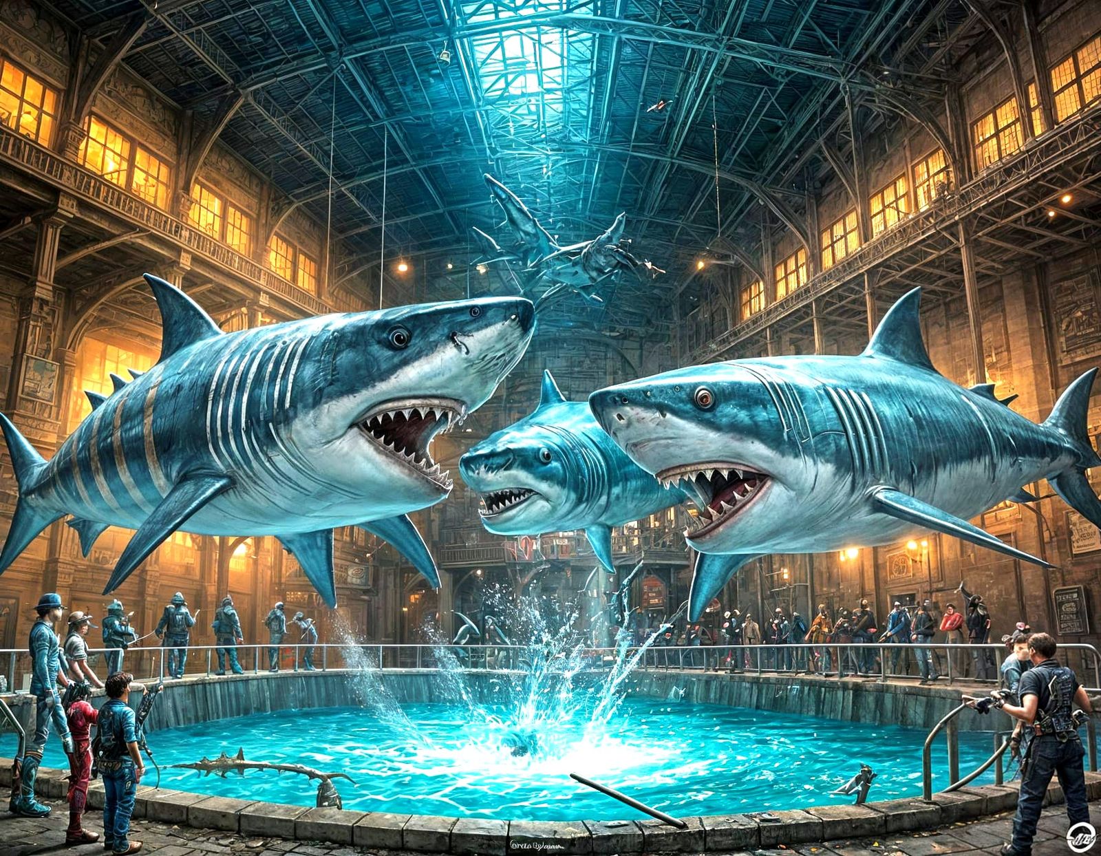 Steampunk Sharks Battle in Graffiti Street Art