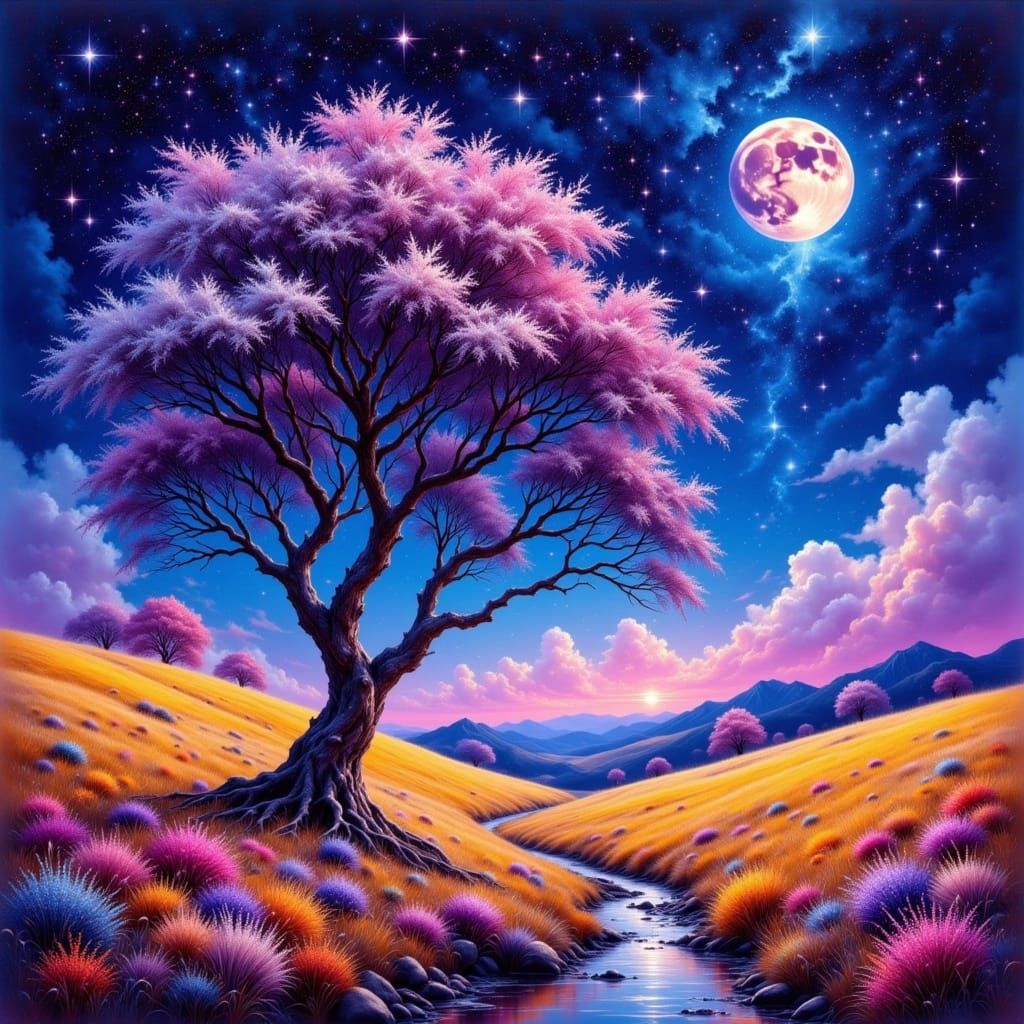 Vaporwave Tree Under Starry Night