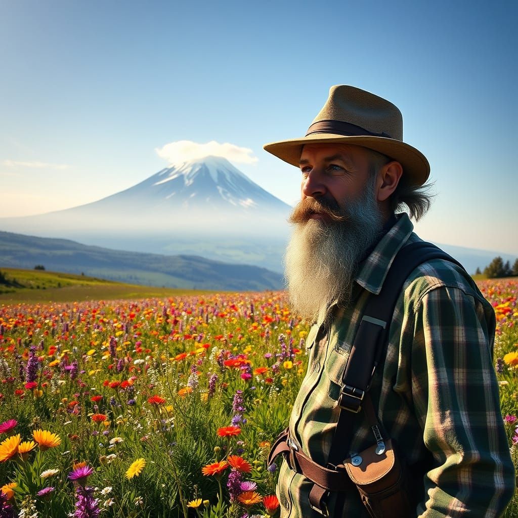 Weathered Geologist Amidst Vibrant Wildflowers in a Sun-Dren...