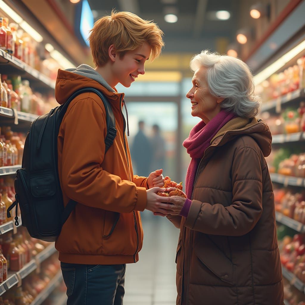 Teenage Boy Helps Grandmother at Supermarket in Dynamic Ligh...