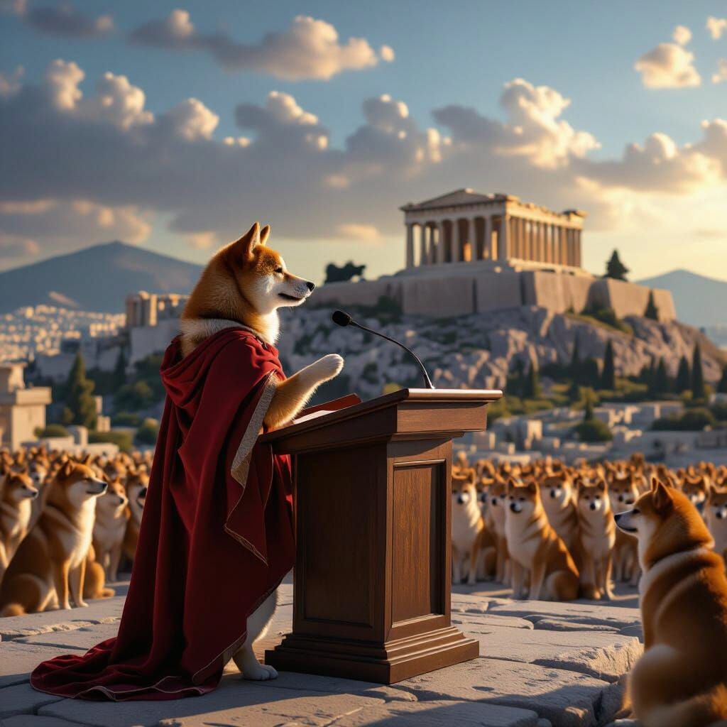Shiba Inu Orator at the Acropolis