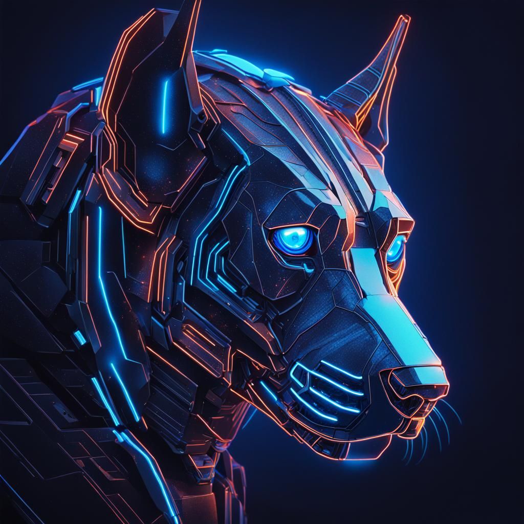 Neon-Lit Sci-Fi Robot Cerberus Head in Chrome